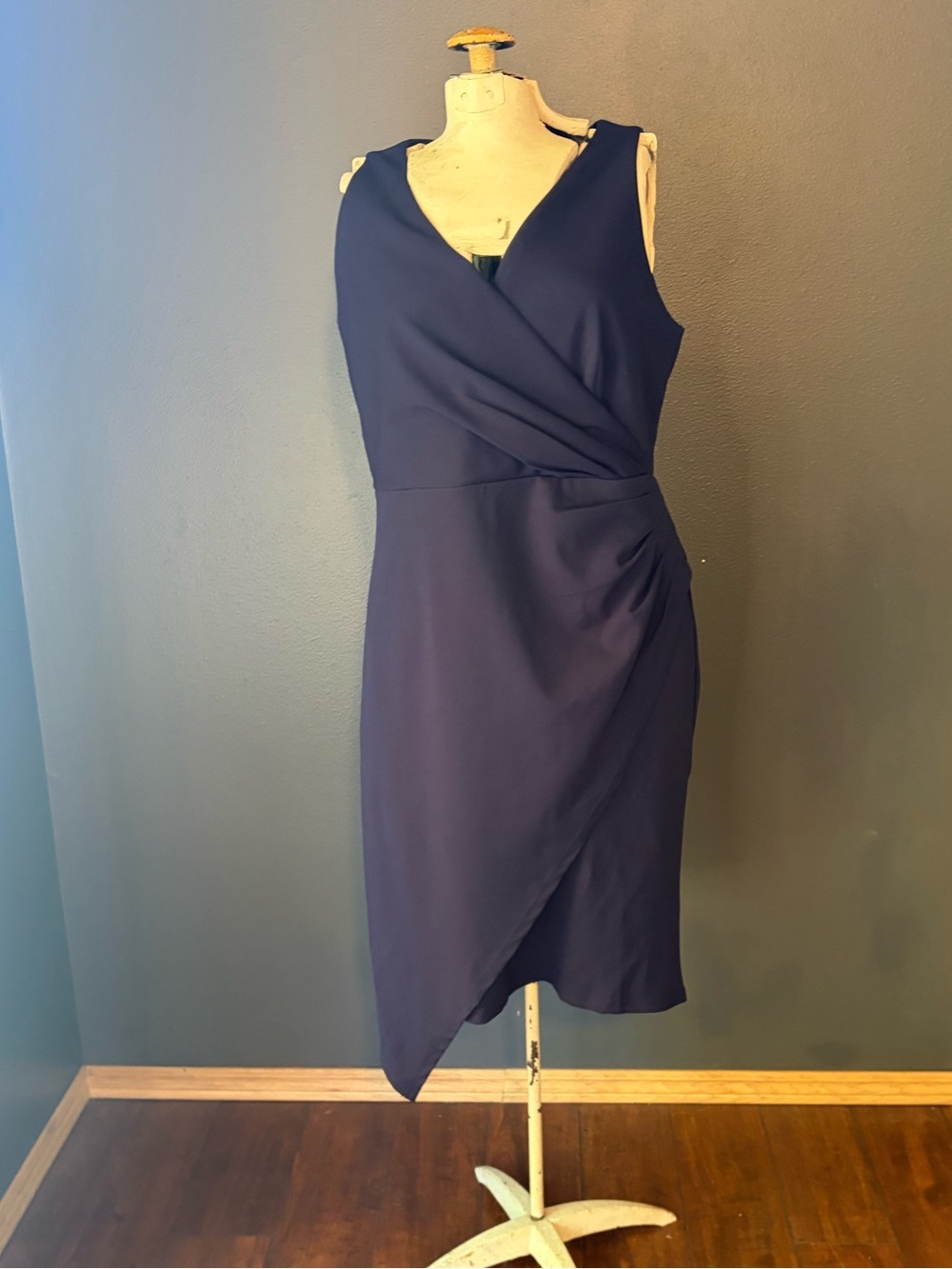 Sleeveless Navy Asymmetrical Faux Wrap-Front Dress Sz Large